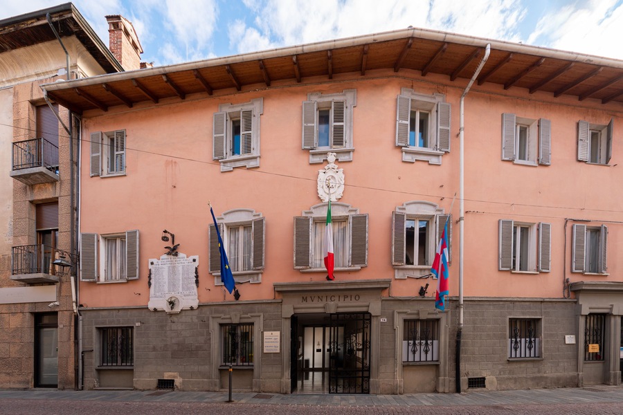Borgo San Dalmazzo, Cuneo, Italy- December 01, 2022: The town hall building in via Roma in the city headquarters of the National Snail Fair called Cold Fair