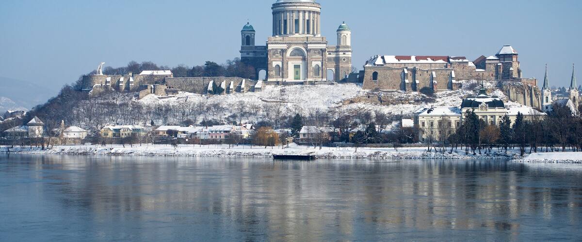 Daytime view of Esztergom Basilica in Hungary from the Slovakian half of the Mária Valéria bridge.