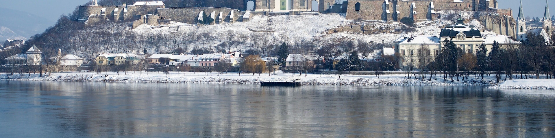 Daytime view of Esztergom Basilica in Hungary from the Slovakian half of the Mária Valéria bridge.