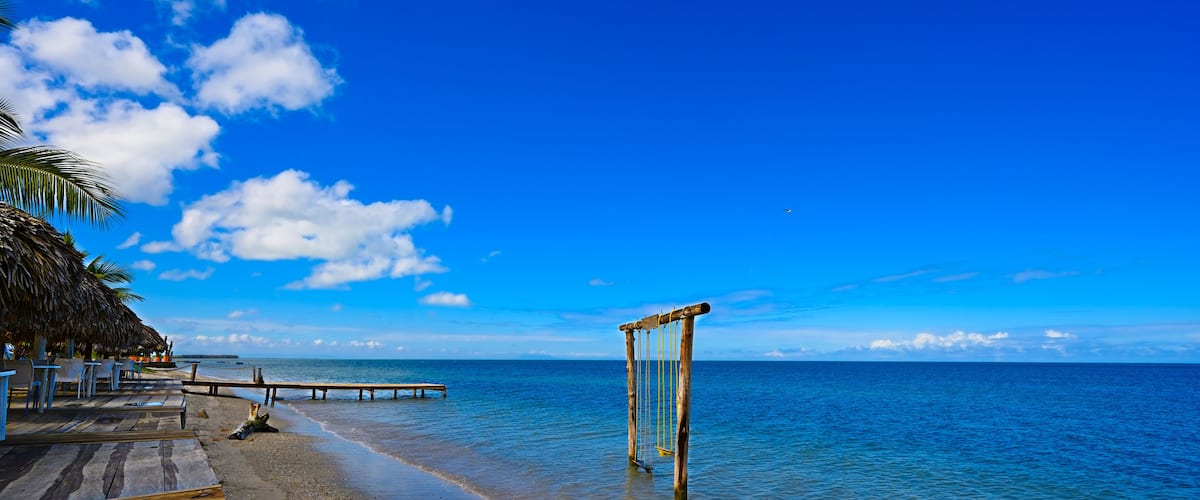 A beach with a wooden swing set, palm trees, and a clear blue sky.