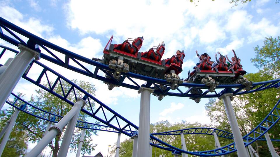 A roller coaster with red cars and passengers, set against a backdrop of trees and a blue sky.