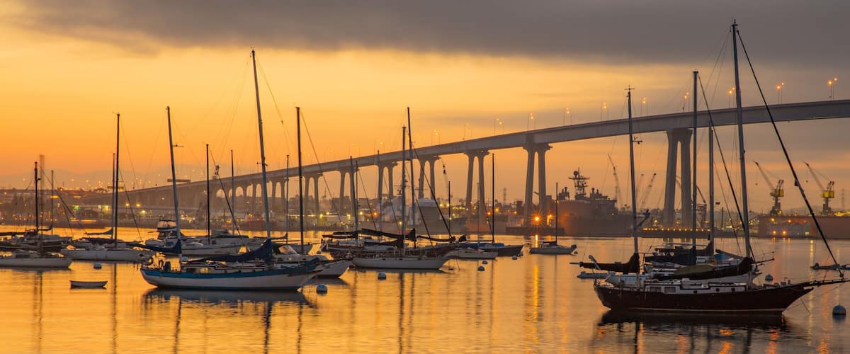 A harbor with multiple sailboats and a bridge in the background.