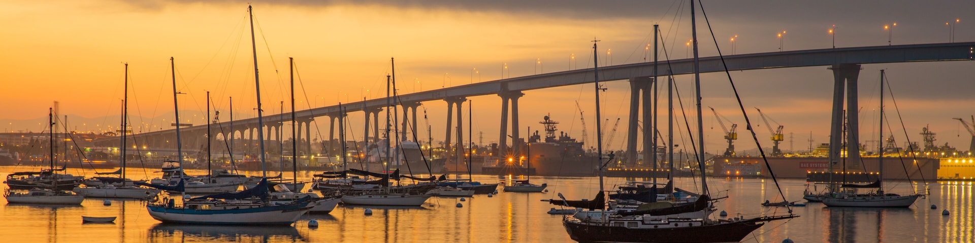 A harbor with multiple sailboats and a bridge in the background.