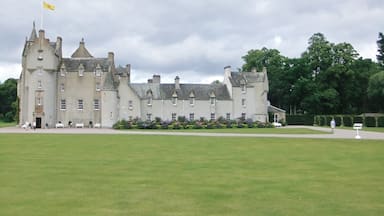 A large, historic building with a flag on top, surrounded by a well-maintained lawn and trees.