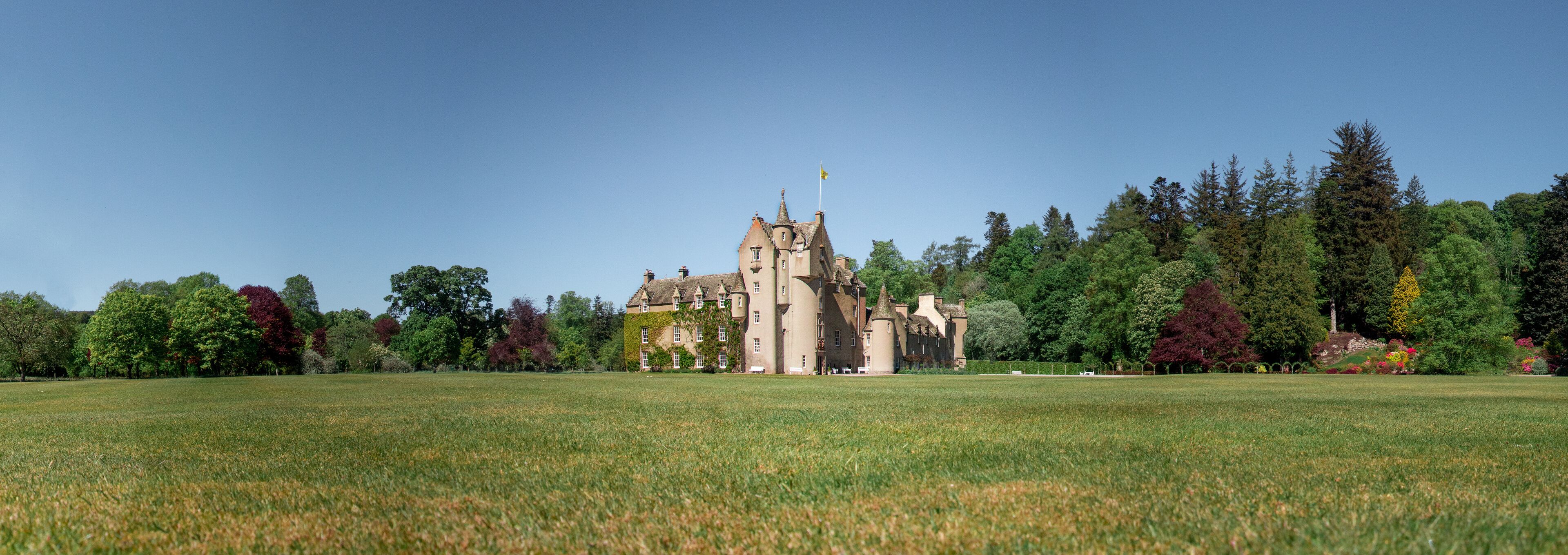 A castle with a tower, surrounded by a grassy field and trees.