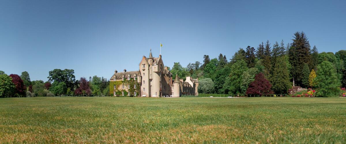 A castle with a tower, surrounded by a grassy field and trees.