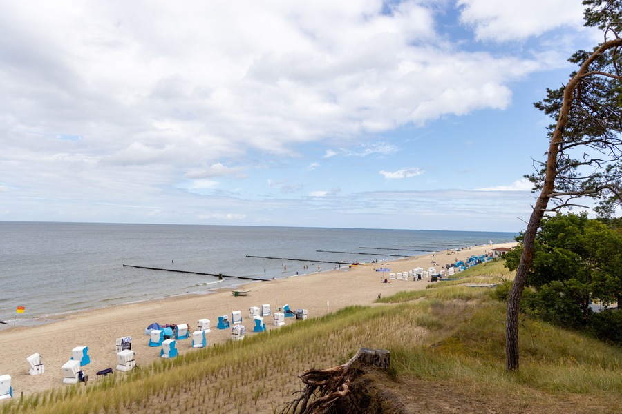The view of the beach of Zempin on the island of Usedom with many beach chairs