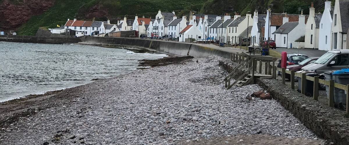 A coastal village with white houses along the shore, a rocky beach, and green hills in the background.