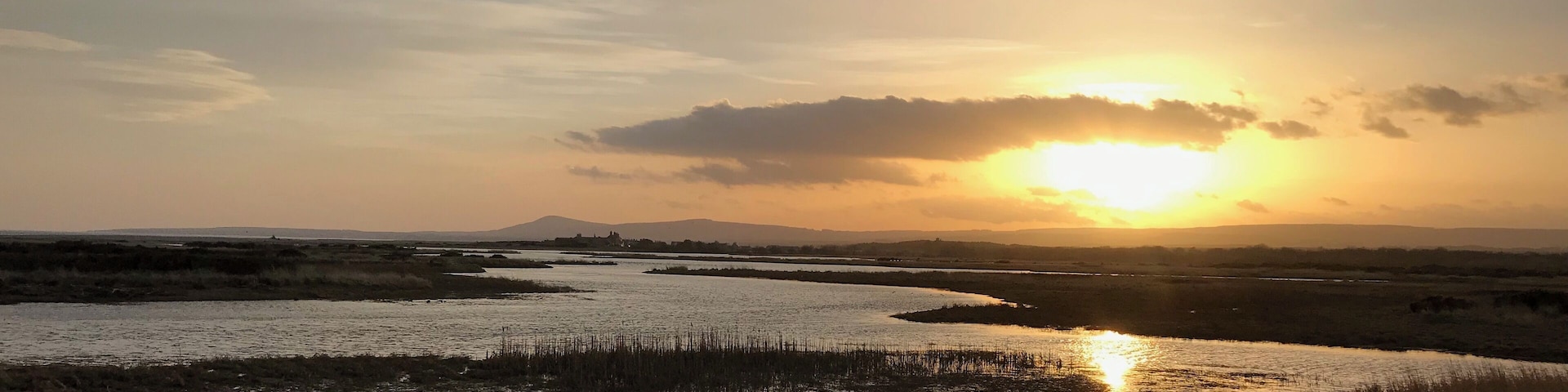 A river winding through a marshy landscape with the sun setting in the background.