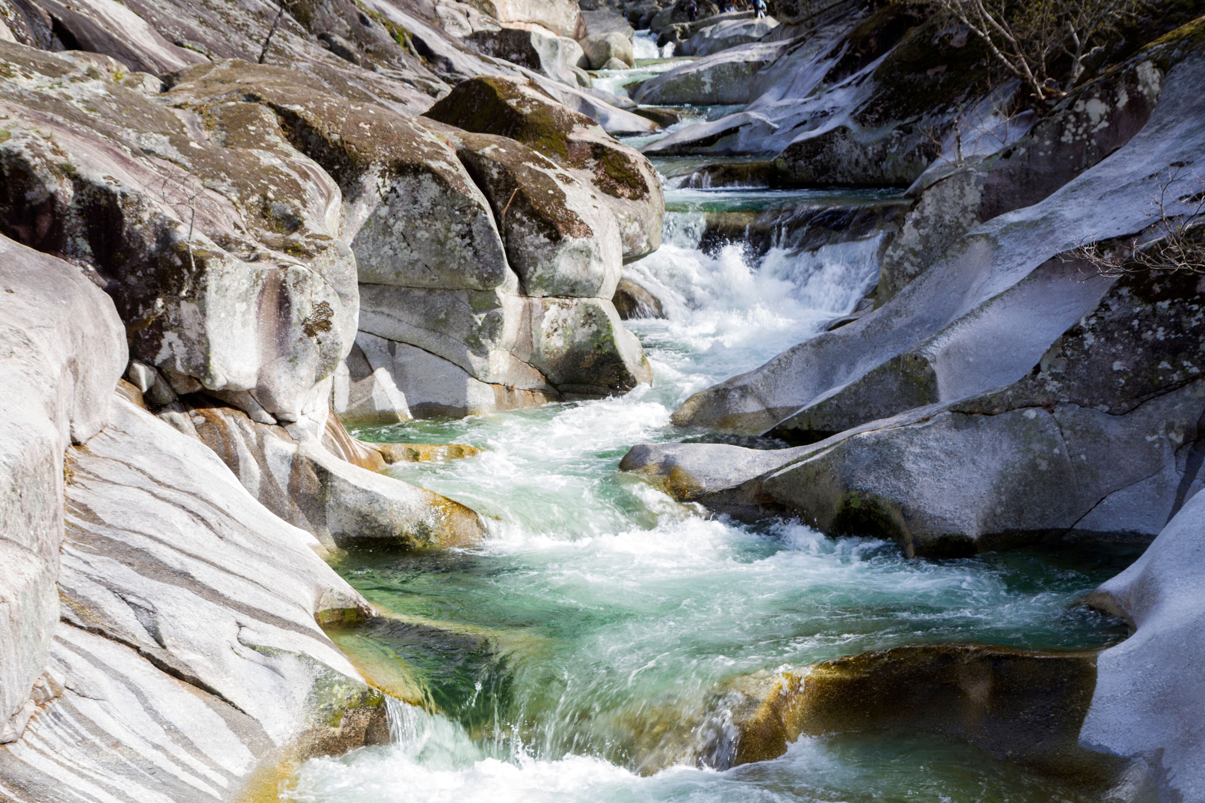 A river flowing through a rocky gorge with clear water and large boulders.