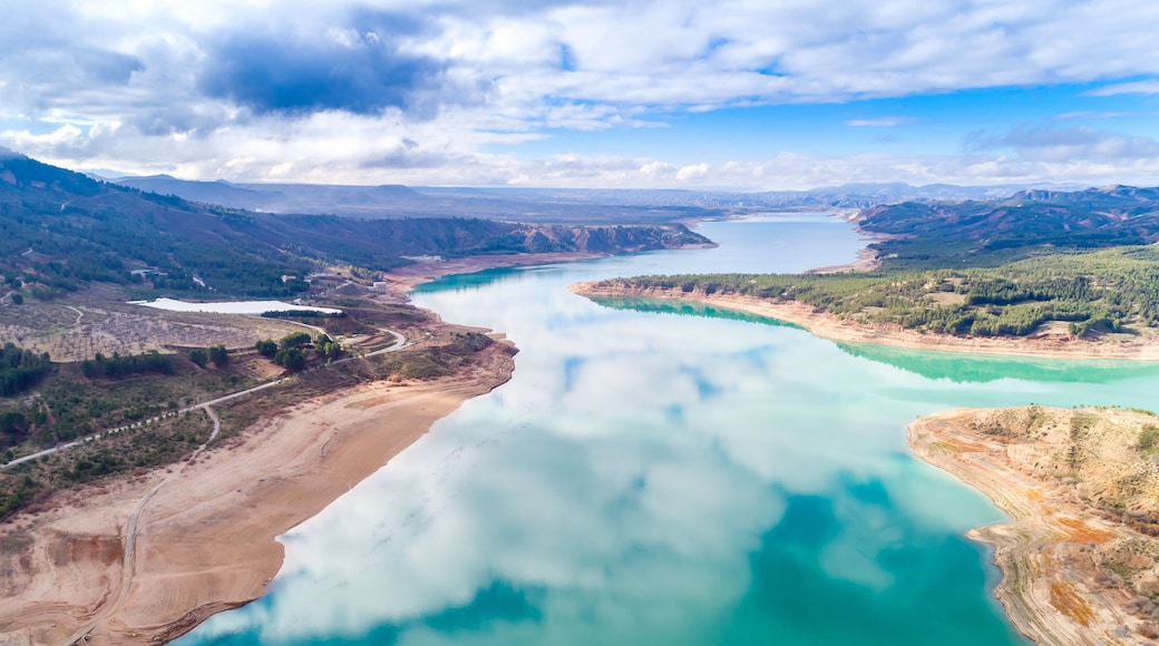 Aerial (drone) view of the "El Negratín" water reservoir, in Baza, Granada province, also known as "the interior sea". This is the third biggest water reservoir in Spain.