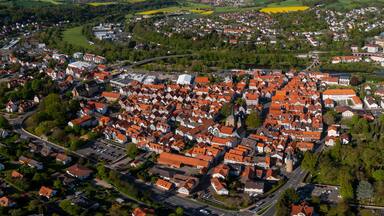 Aerial view of the old town of the city Witzenhausen in Germany on a sunny spring day