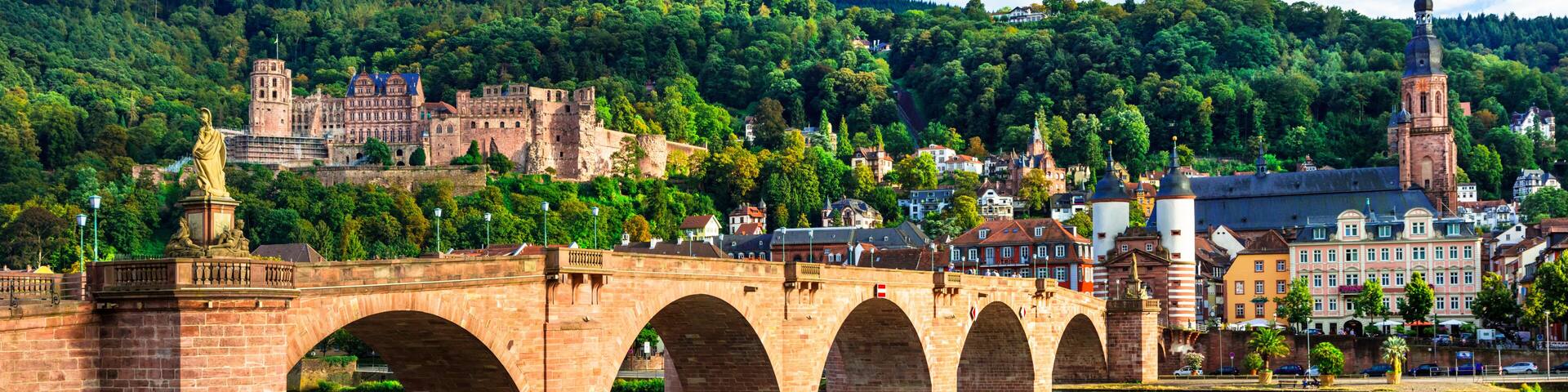 Germany tourism and historic landmarks. medieval Heidelberg town - view of famous Karl Theodor bridge and castle
