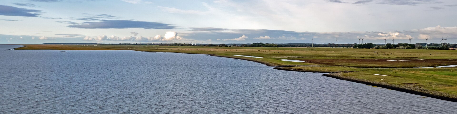 A river curving through a landscape with grassy fields and wind turbines in the distance.
