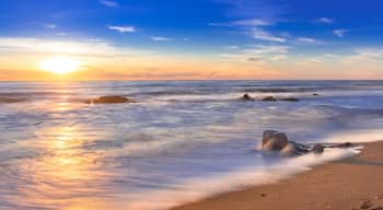 Una playa con olas, rocas y un atardecer.