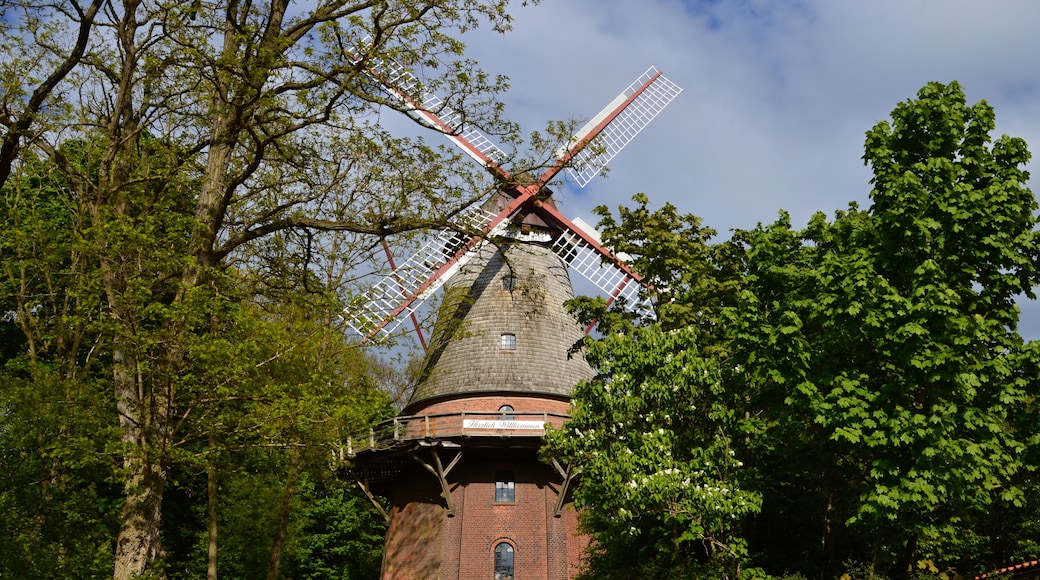 A traditional windmill surrounded by lush greenery and trees.
