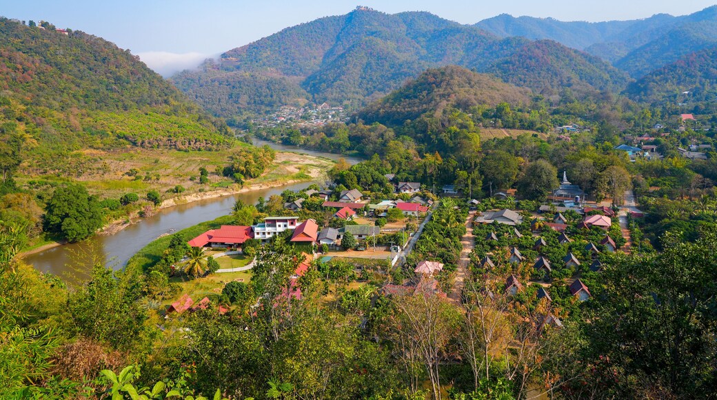 Scenic view of the Kok River and Ban Tha Ton village from the temple heights in Mae Ai, Northern Thailand