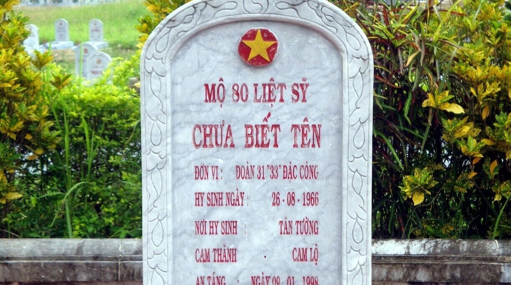 National Martyrs Cemetery Hwy 9. 10,000 former NVA/VC soldiers interred here. Over 90% are unidentified.
Interment of 80 Martrys, Unknown in the cemetery killed near Cam Lo along Hwy 9 on 26 Aug 1966 from the 31st Company, 33rd Sapper Battalion, NVA
See blog post at:http://vagabondtraveltales.com/vietnam-chasing-ghosts-along-the-dmz/