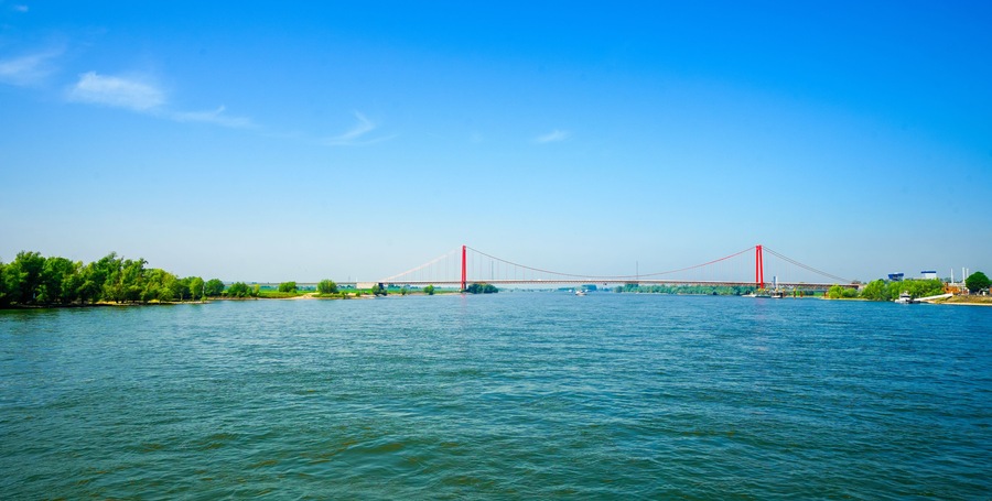 View of the Emmerich am Rhein bridge. Landscape by the river with the longest suspension bridge in Germany.