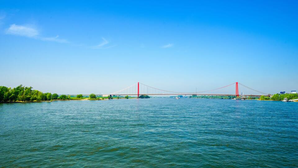 View of the Emmerich am Rhein bridge. Landscape by the river with the longest suspension bridge in Germany.