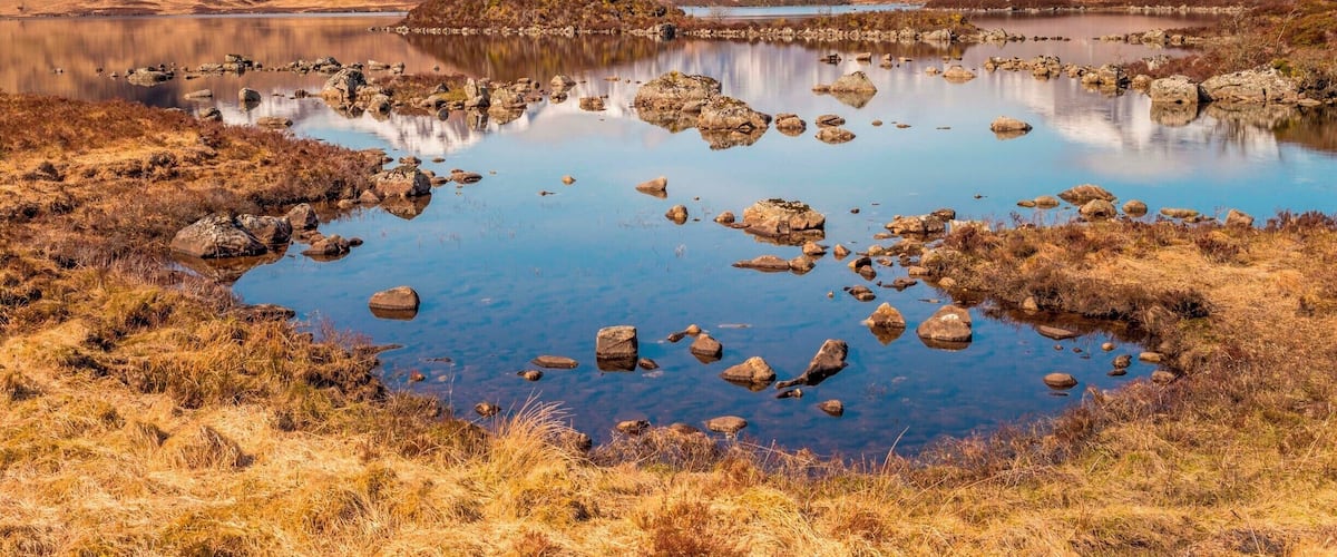 A lake surrounded by mountains and rocky terrain.