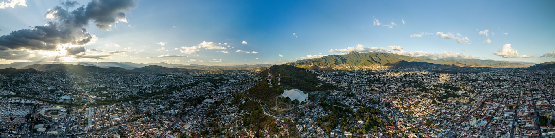 Aerial view of Auditorio Guelaguetza on a hillside (Fortine Hill) above the city of Oaxaca in Mexico.