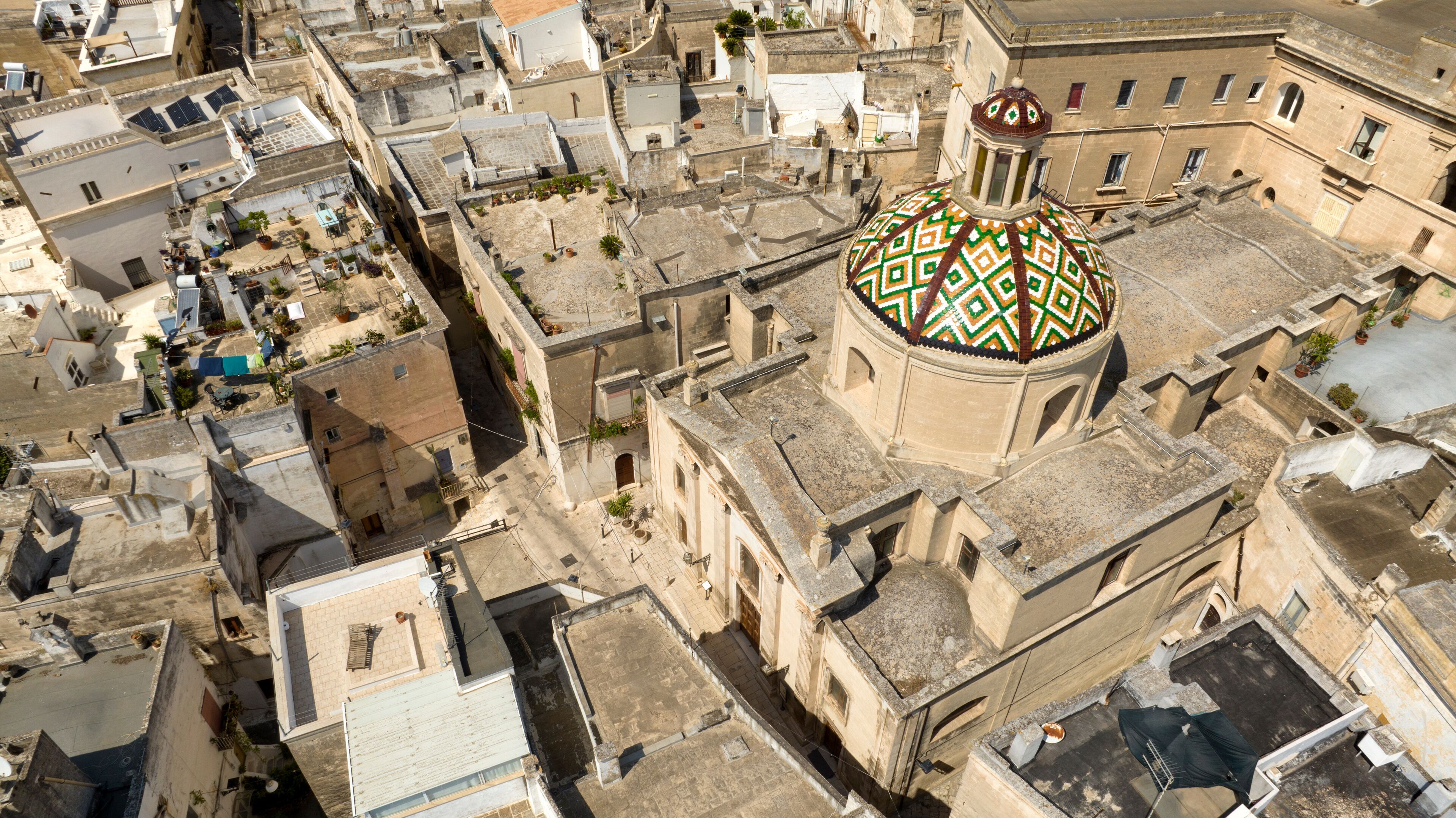 Aerial view of the San Francesco da Geronimo sanctuary located in the historic center of Grottaglie. It is a church of the city in the province of Taranto, in Puglia, Italy.
