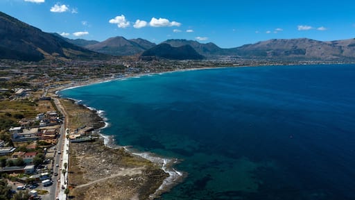 Aerial view of the large and long beach of Capaci, located in the province of Palermo, Sicily, Italy.
