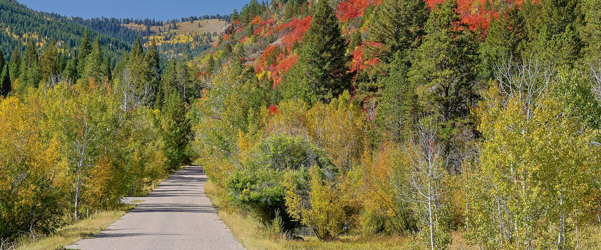 USA, Idaho. Roadway leading into mountains just west of St. Charles