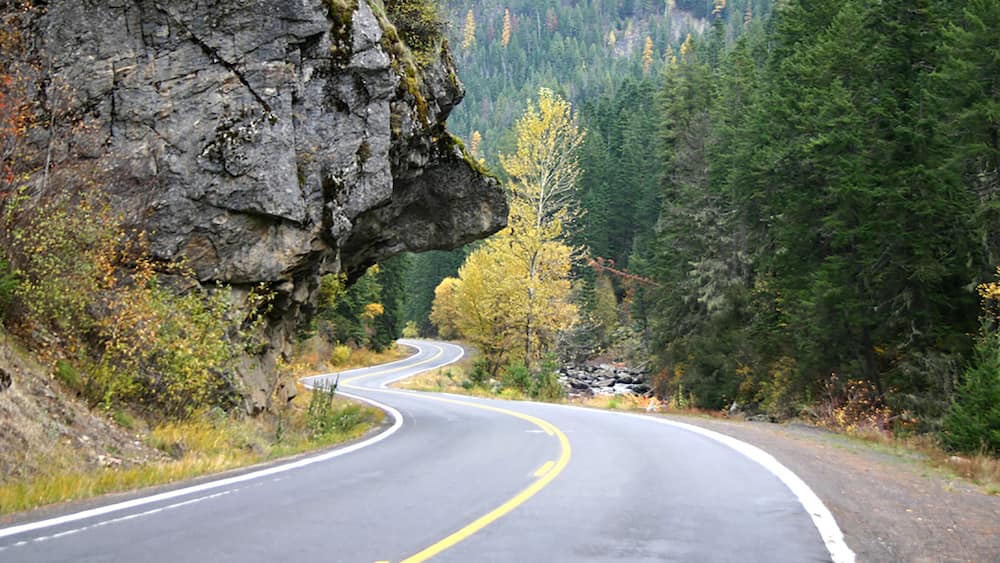 photograph of bluff overhanging Idaho highway 12 along side the southfork of the Clearwater River between Elk City and Grangeville, ID