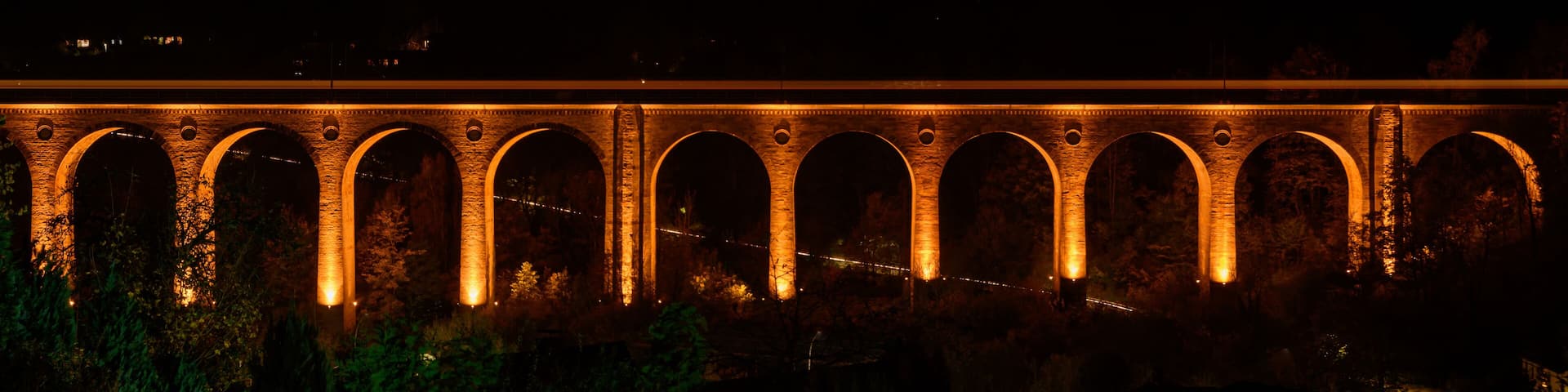 Panorama view of “Bekeviadukt“ bridge in Altenbeken Germany from 1853. Double track bent limestone railway viaduct on the main line Paderborn Warburg.