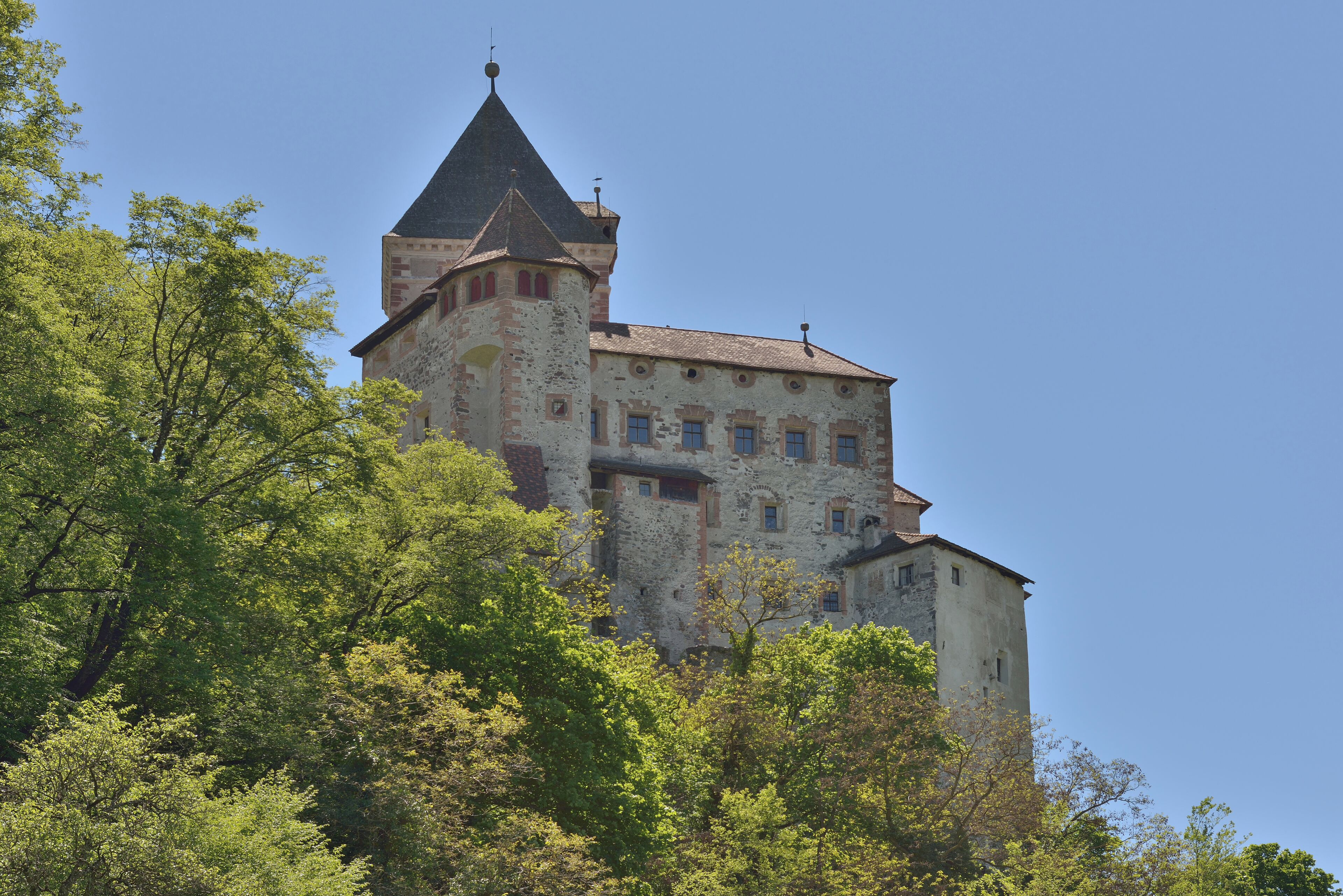 A castle with a prominent tower and surrounded by lush greenery.