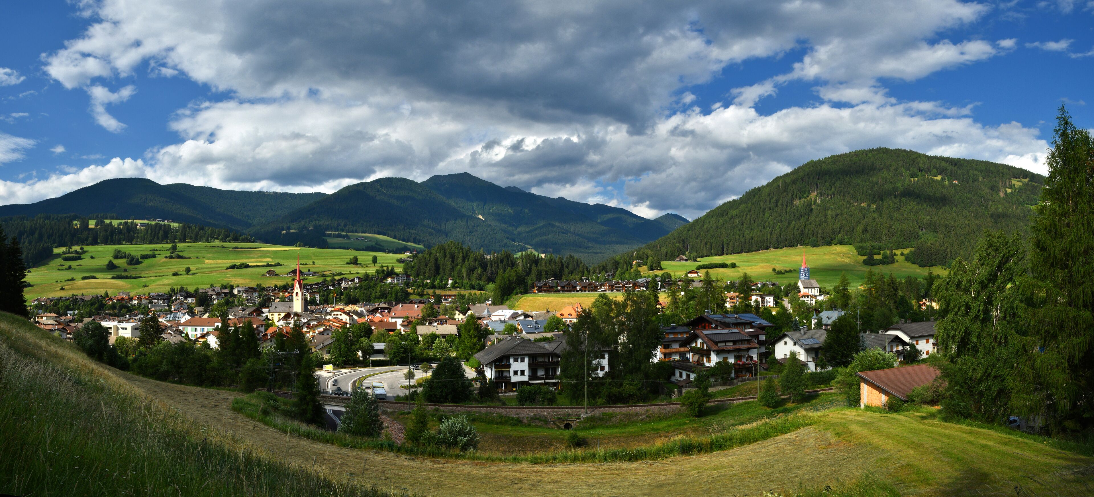 Beautiful panorama view of Monguelfo in Val Pusteria, South Tyrol. Bolzano, Italy.