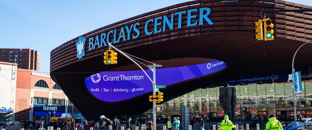 Barclays Center Brooklyn which includes signage and street scenes