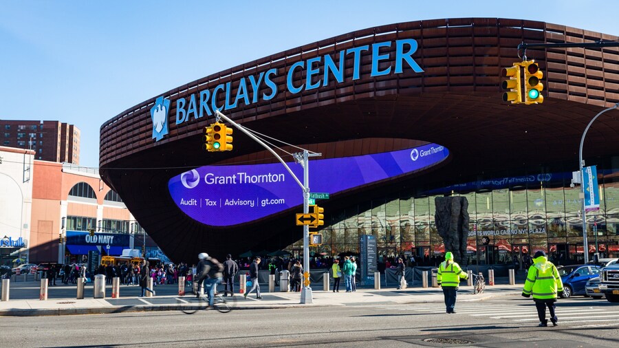 Barclays Center Brooklyn which includes signage and street scenes
