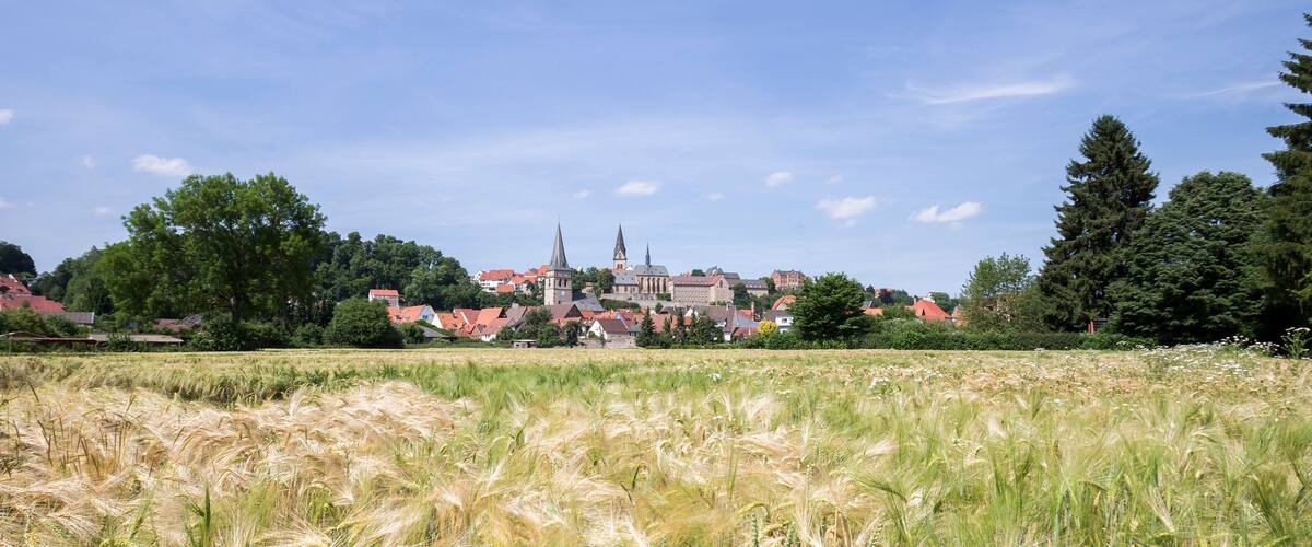 A rural landscape with a field of wheat in the foreground, a church with a tall spire in the background, and a cluster of houses with red roofs.