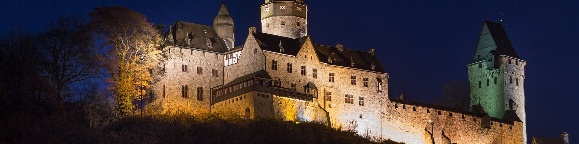 Un castillo con múltiples torres y un edificio central imponente, rodeado de árboles e iluminado durante la noche.