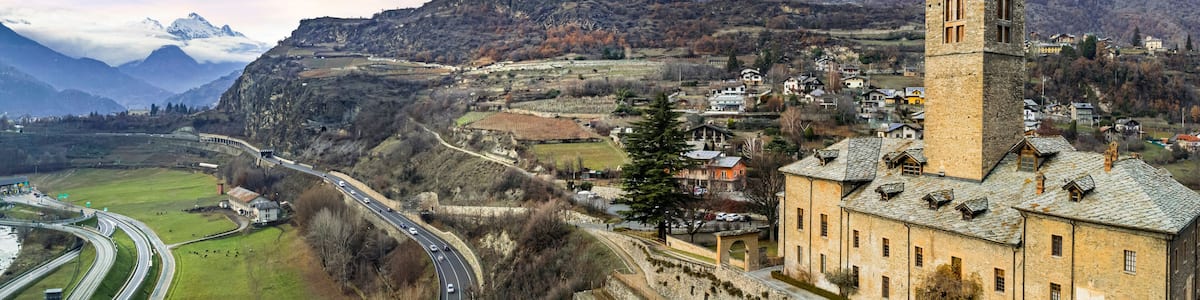 Italy, Valle d'Aosta region famous with medieval historic castles. Scenic Sarre village and beatiful castle aerial drone view