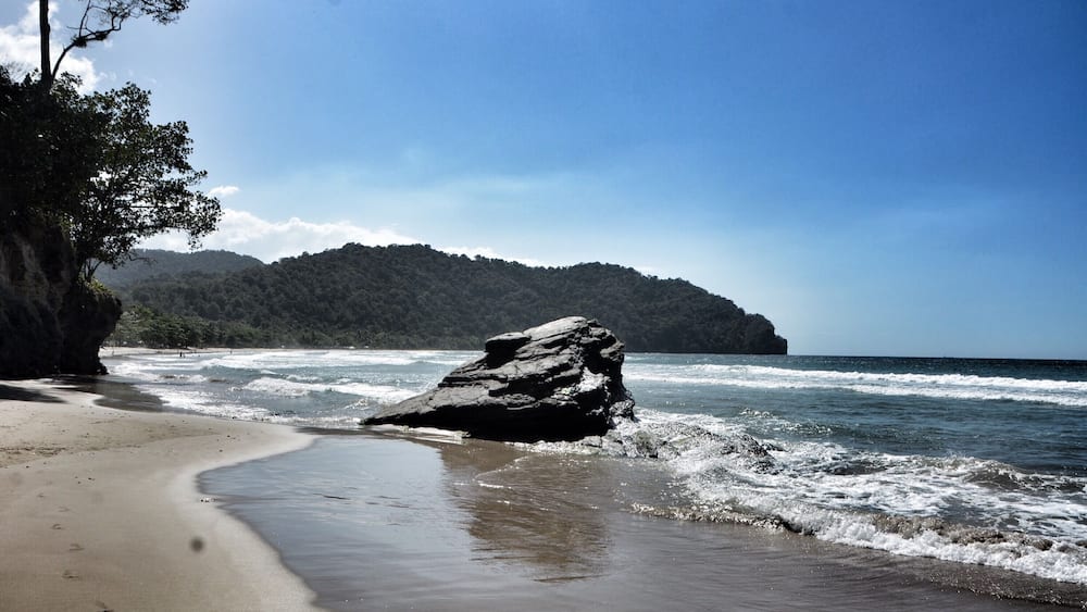 A beach with a large rock in the foreground, waves crashing onto the shore, and a forested hill in the background.