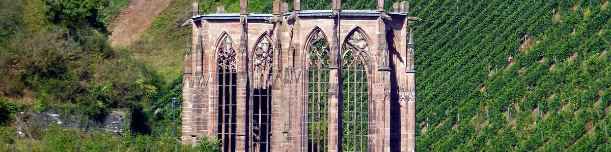 A historic church with Gothic architecture surrounded by vineyards.