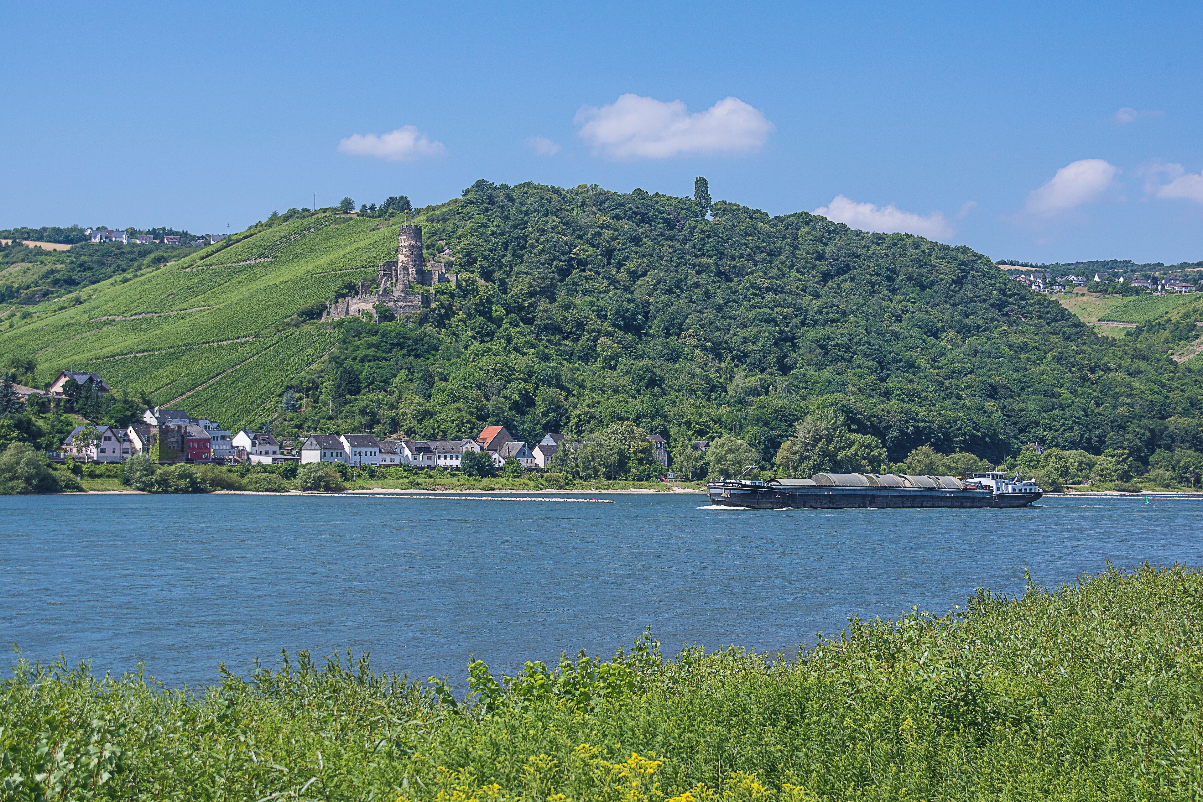 Rheindiebach and the ruins of Fuerstenberg Castle photografed from Lorch (located on River Rhine righthand site)