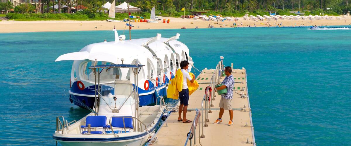 A ferry docked at a beach with a clear blue sea, a sandy shore, and a forested hill in the background.