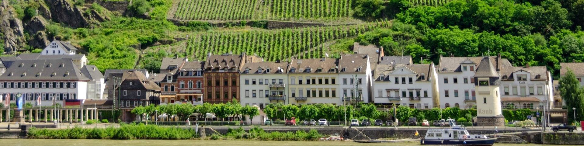 Castle sits above the town of Kaub along the Rhine. Built in 1220 in the Middle Rhine Valley, listed among UNESCO World Heritage Sites in 2002.