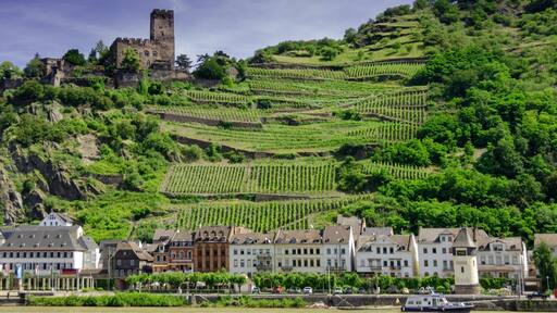 Castle sits above the town of Kaub along the Rhine. Built in 1220 in the Middle Rhine Valley, listed among UNESCO World Heritage Sites in 2002.
