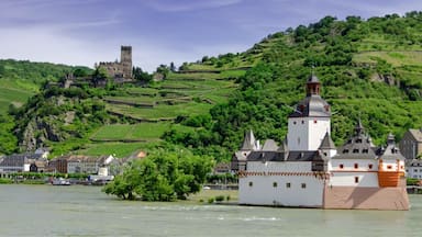 Pfalzgrafenstein Castle in the foreground is a toll castle that was erected in 1326-1327. It sits on Falkenau Island on the Rhine. Burg Gutenfels in Kaub can be seen in the distance.