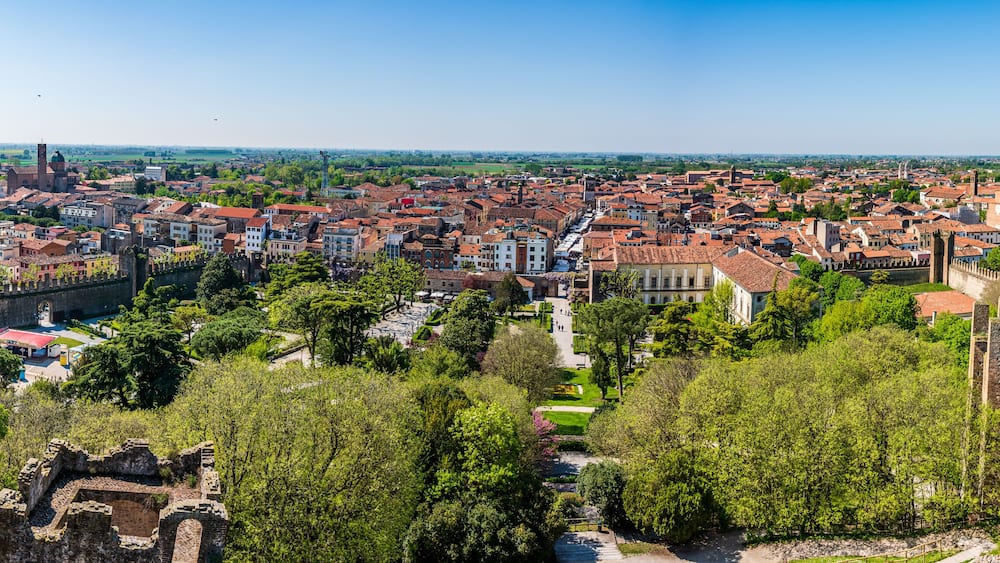 Un paysage urbain historique, caractérisé par un château imposant, une zone urbaine densément peuplée et une végétation luxuriante environnante.