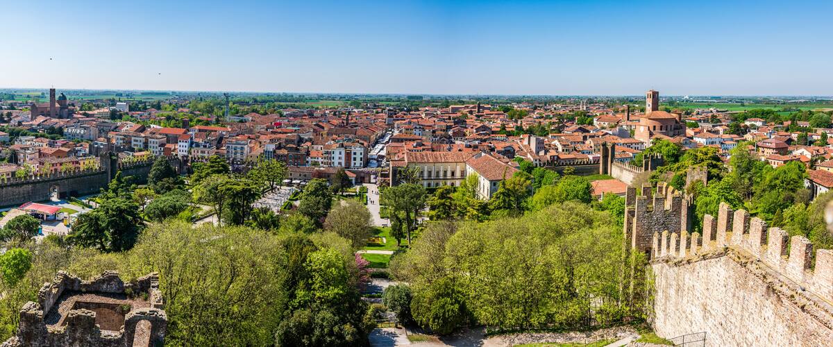 A historic cityscape with a prominent castle, dense urban area, and surrounding greenery.