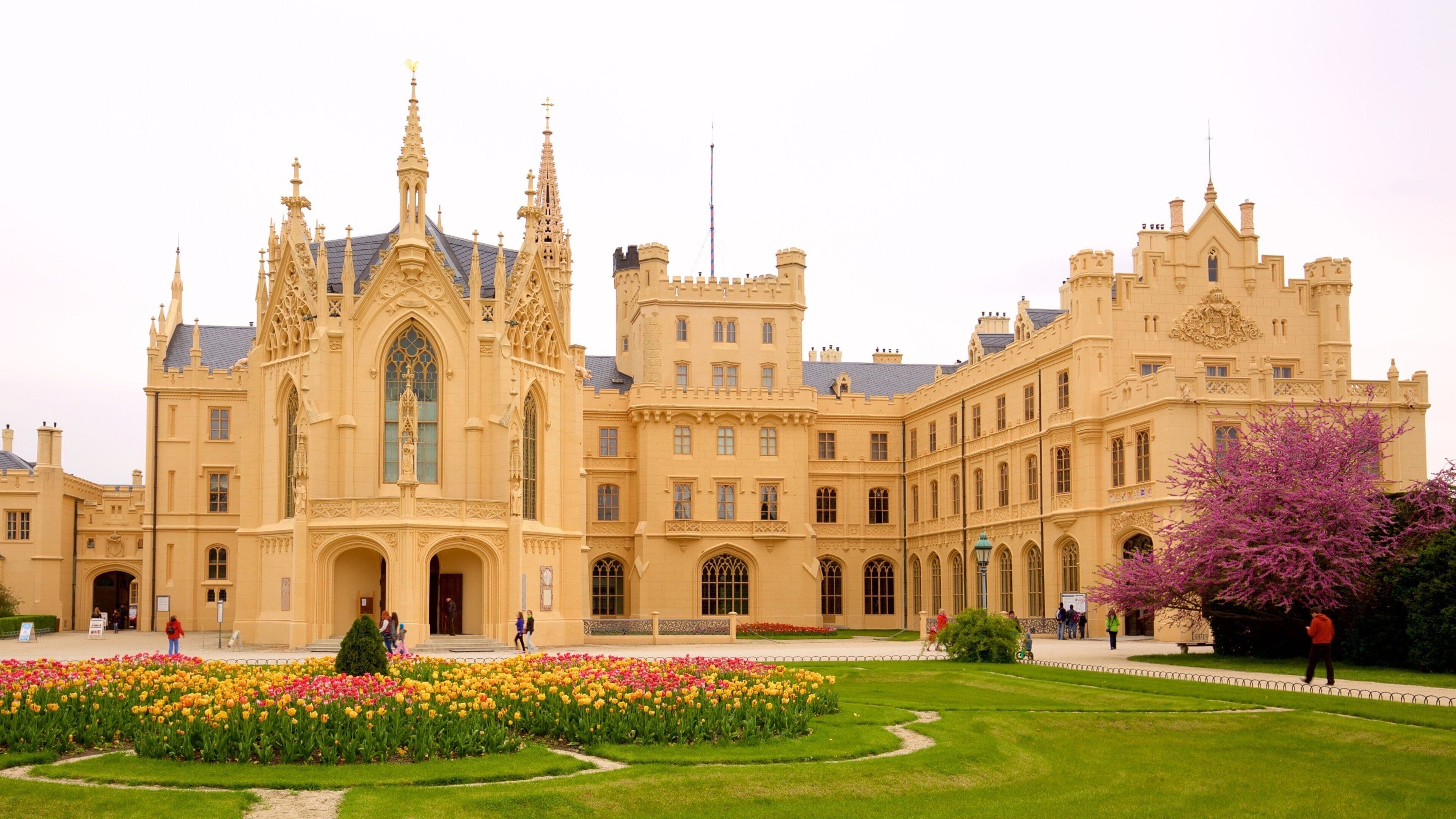 A large, ornate building with Gothic architecture, surrounded by a well-maintained garden with colorful tulips.