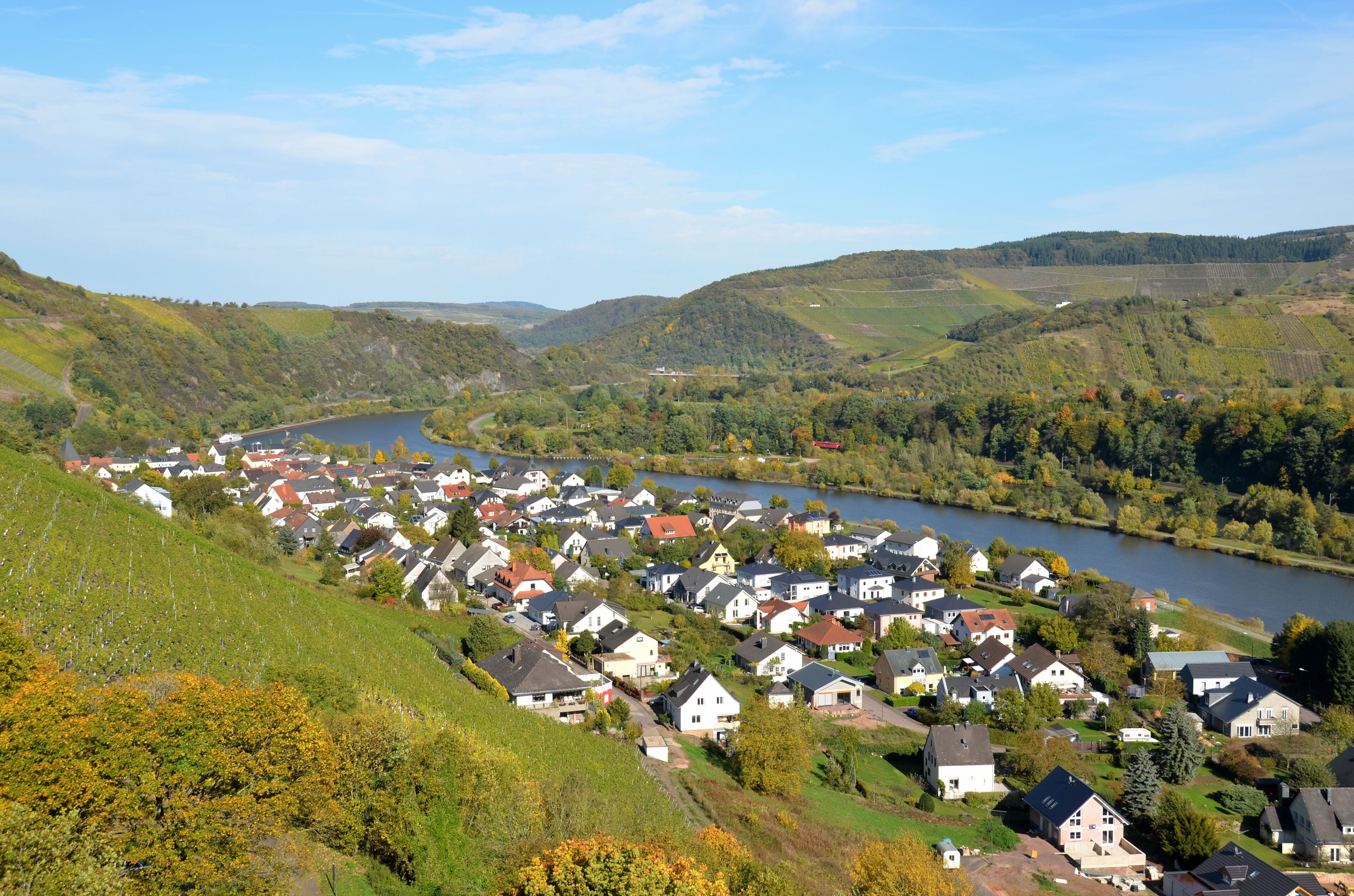 The Saarburg village along the Saarriver, as seen from the castle, with the vineyards in the background