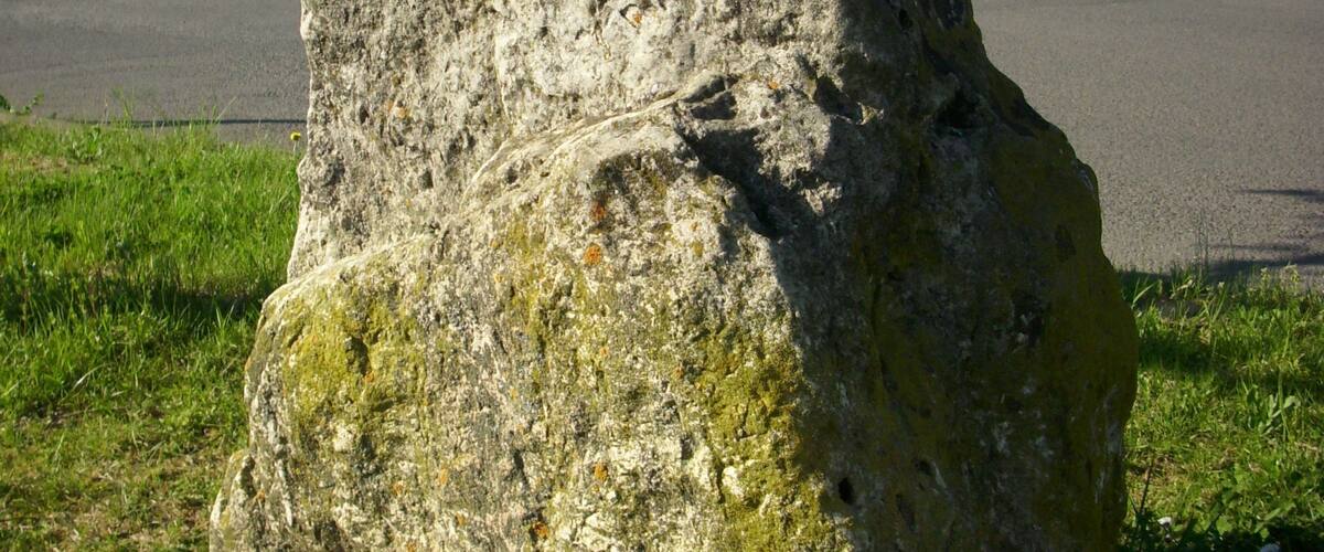 A large, moss-covered rock by a road with a vineyard in the background.